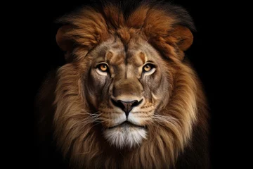 Fototapeten A close up photograph of a lion's face against a black background. © Fotograf