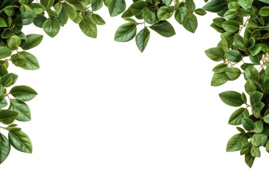 A frame made of green leaves on a white background. This picture can be used for various design projects and nature-themed presentations