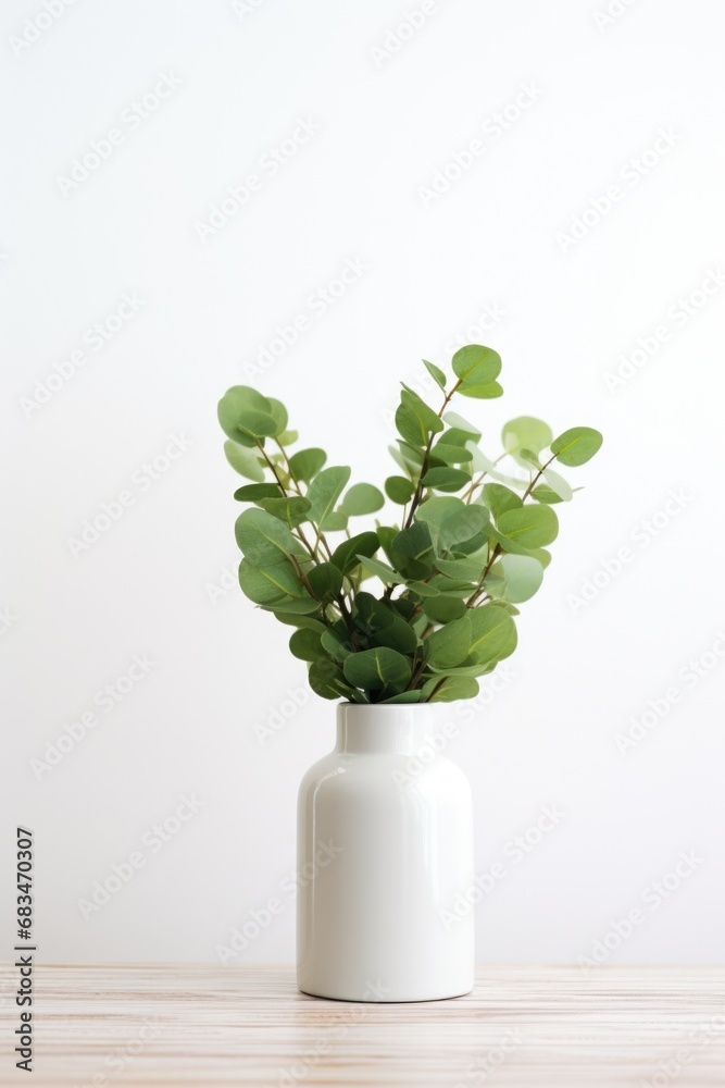Poster a simple and elegant white vase filled with fresh green leaves. this versatile image can be used to 