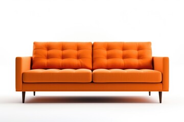 Fototapeta premium An orange couch sitting on top of a white floor. This versatile image can be used to showcase modern interior design or as a background for furniture advertisements