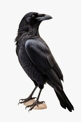 Fototapeta premium A black bird sitting on top of a rock. This image captures the serenity of nature with the bird peacefully perched on the solid rock surface. Perfect for nature-themed designs and projects