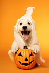 A cute dog wearing a ghost costume sits on a pumpkin. Perfect for Halloween-themed projects and pet lovers