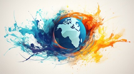  a picture of a blue and orange globe with paint splatters coming out of it and a white background.