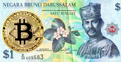 Bitcoin and Brunei Darussalam banknote with Sultan Hassanal Bolkiah portrait