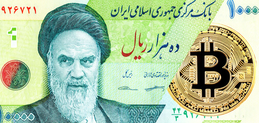 Bitcoin and Iranian banknote with Ayatollah Ruhollah Khomeini portrait