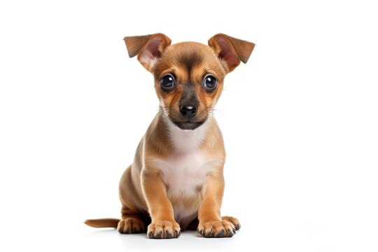 A small brown dog is pictured sitting on top of a white floor. This image can be used to depict a domestic pet in a clean and neutral environment