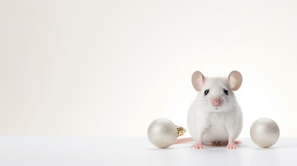 Fototapeta premium a white mouse sitting on top of a table next to two silver christmas ornament balls and a white background.