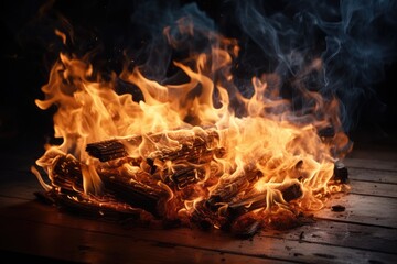 Fire On Black Background Intensifies Wooden Table