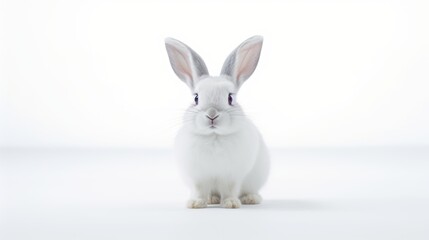  a white rabbit sitting in the middle of a white room with its ears up and eyes wide open, looking at the camera.