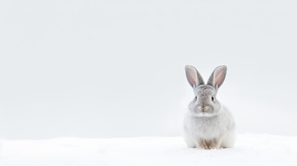 Obraz premium a white rabbit sitting in the snow looking at the camera with a sad look on it's face and ears.
