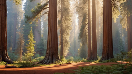 Forest backgrounds, Towering sequoias creating a majestic redwood forest. Sunlight filters through the thick foliage, casting a warm glow on the towering trees AI-Generative
