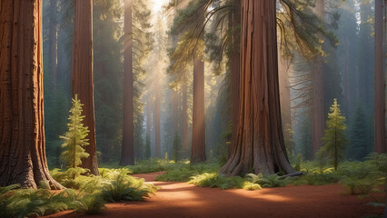 Forest backgrounds, Towering sequoias creating a majestic redwood forest. Sunlight filters through the thick foliage, casting a warm glow on the towering trees AI-Generative