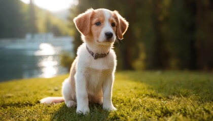  a brown and white puppy sitting on top of a lush green grass covered field next to a body of water.
