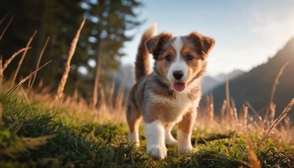  a small brown and white dog standing on top of a lush green field next to a tall grass covered hillside.
