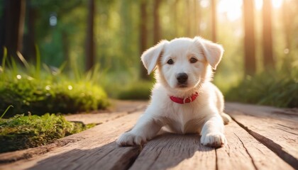  a white puppy with a red collar laying on a wooden deck in a forest with the sun shining through the trees. - Powered by Adobe
