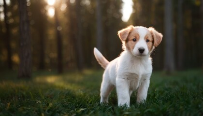  a brown and white puppy standing on top of a lush green grass covered forest filled with lots of tall trees. - Powered by Adobe