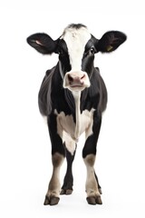 A black and white cow standing in front of a plain white background.