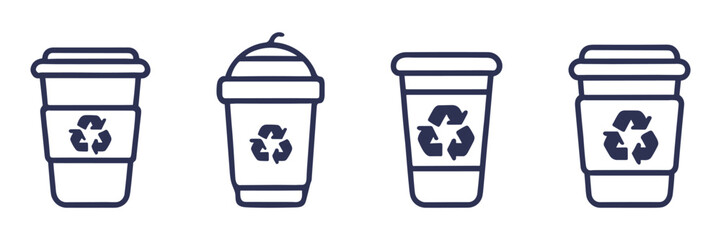 A set of four vector images of cups with a recycling symbol, representations in different variations: with a lid, without a lid, with a straw and without. - obrazy, fototapety, plakaty