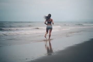 Young woman, veiw from the back, jogging along the sand beach, enjoying a refreshing run by the sea or ocean. Fitness, sport and well-being concept.