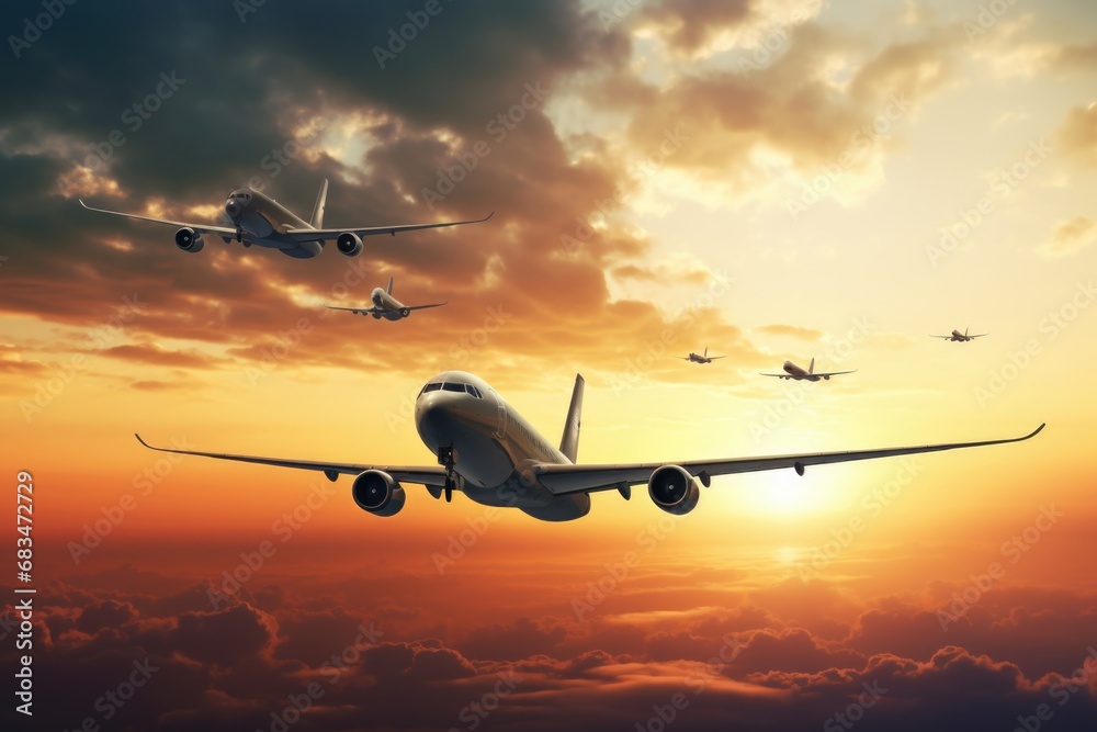 Poster a large jetliner soaring through the clouds. ideal for travel and transportation themes.