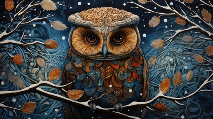  a painting of an owl sitting on a tree branch with snow falling on the ground and falling leaves on the branches.