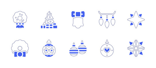 Christmas decoration icon set. Duotone style line stroke and bold. Vector illustration. Containing christmas lights, star, christmas ball, christmas tree, christmas wreath, christmas bell, bell.