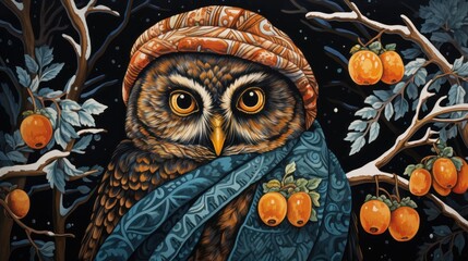  a painting of an owl wearing a knitted hat and holding a bag of apples in front of a tree filled with oranges.