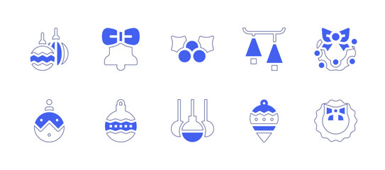 Christmas decoration icon set. Duotone style line stroke and bold. Vector illustration. Containing christmas decoration, christmas ornament, christmas bell, christmas wreath, christmas ball.