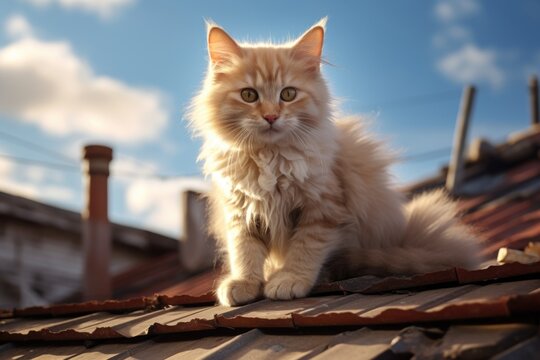 A fluffy cat sitting on top of a roof. Perfect for pet lovers or showcasing a cat's independence.
