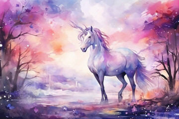 Magical forest with flowers and Unicorn in pastel colors, watercolor illustration