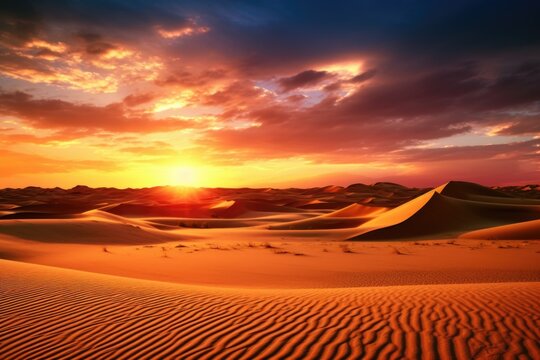 A beautiful sunset over a vast desert landscape. This image captures the serene beauty of nature at dusk. Perfect for travel, nature, and landscape themes. © Fotograf