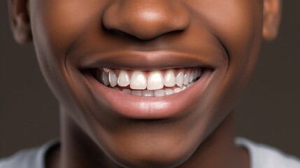 Happy teen boy smiles with perfect teeth against a beige studio backdrop.