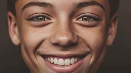 Smiling teen exhibits a perfect white-toothed grin in a well-lit studio.