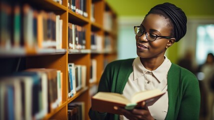 African American woman teacher with glasses studies material in textbook standing near shelves in library. Lady professor at university gains knowledge from book. Personality improvement at middle age - obrazy, fototapety, plakaty