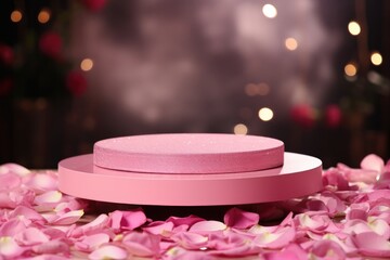 Pink Podium With Rose Petals Enhances Product Presentation