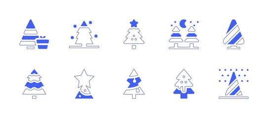 Christmas tree icon set. Duotone style line stroke and bold. Vector illustration. Containing christmas tree, pine, star, gingerbread.