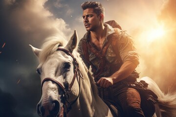 handsome man riding horse - obrazy, fototapety, plakaty
