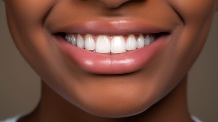 A studio portrait captures a young woman's joyful expression, highlighting her perfect teeth.