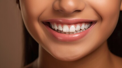 Obraz premium The clear beige studio background enhances the joy in a young woman's smiling face.