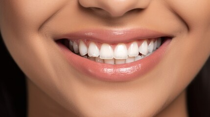 Fototapeta premium A happy young woman with a radiant smile stands against a beige studio backdrop, showcasing flawless white teeth.