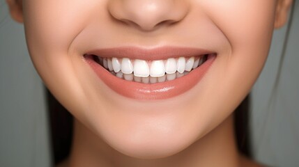 A happy young woman with a radiant smile stands against a beige studio backdrop, showcasing flawless white teeth.