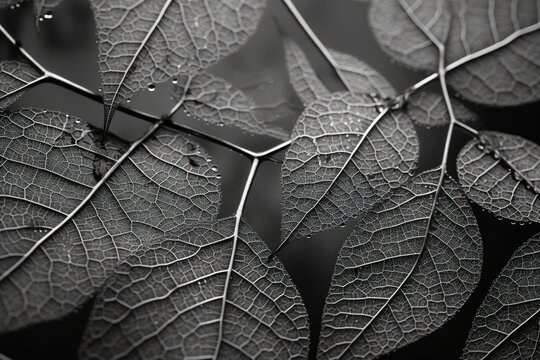 Fototapeta Monochrome leaves with water droplets, ideal for nature themes and black and white photography.