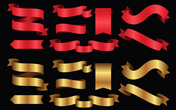 set of gold and red ribbons, decorative vector ribbons for offers and sale