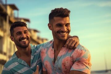 Smiling Lgbt Men On The Beach, Friendship And Summer Vibes