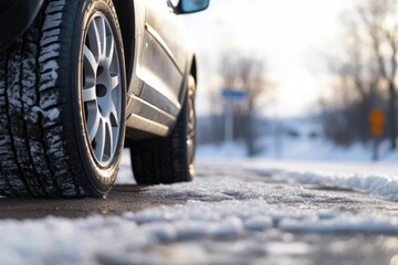Winter Tire On Snowy Road. Сoncept Winter Driving Tips, Importance Of Winter Tires, Snowy Road Safety, Winter Tire Maintenance - obrazy, fototapety, plakaty