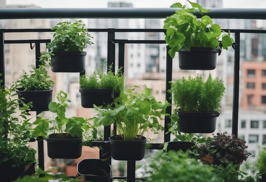 Balcony herb garden concept Modern vertical lush herb garden planter bags hanging on city apartment balcony