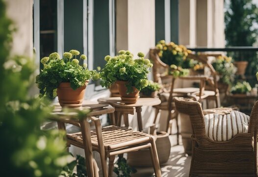 Charming Balcony or Terrace with Cozy Chairs, Natural Material Decorations, and Lush Green Potted Flowers