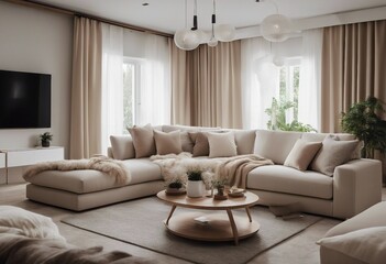 Modern house interior details Simple cozy living room interior with big beige sofa decorative pillows small table and big windows