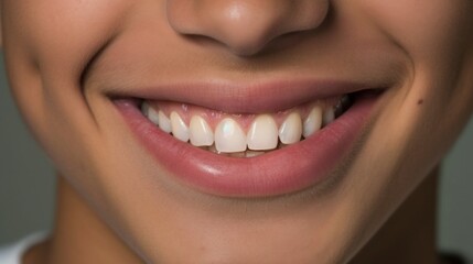 Obraz premium Against a light beige setting, a joyful young woman's smile lights up the portrait.