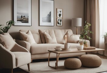 Modern house interior details Simple cozy living room interior with beige sofa decorative pillows and table